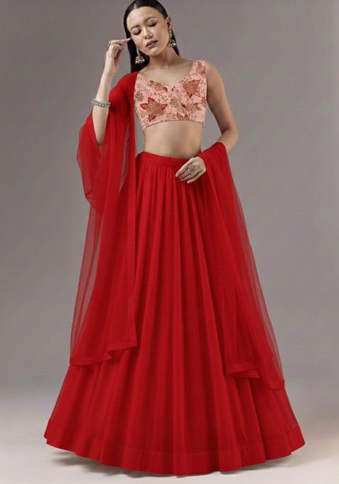 Deep Red Embroidery Crepe Lehenga Set