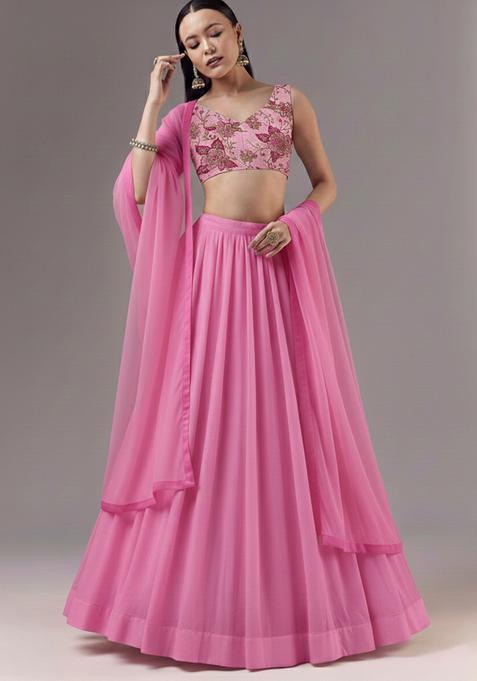 Pink Embroidery Crepe Lehenga Set