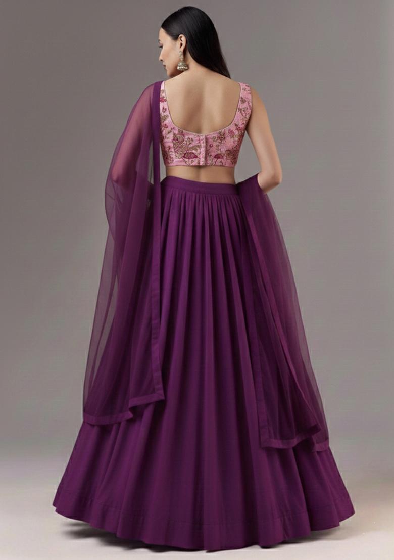 Royal Purple Embroidery Crepe Lehenga Set - Indya