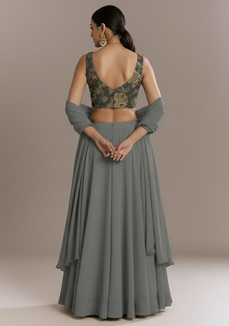 Grey Embroidery Crepe Lehenga Set - Indya