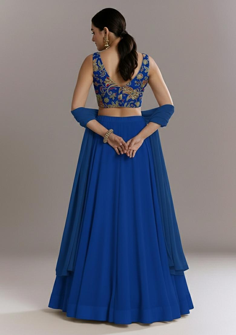 Royal Blue Embroidery Crepe Lehenga Set - Indya