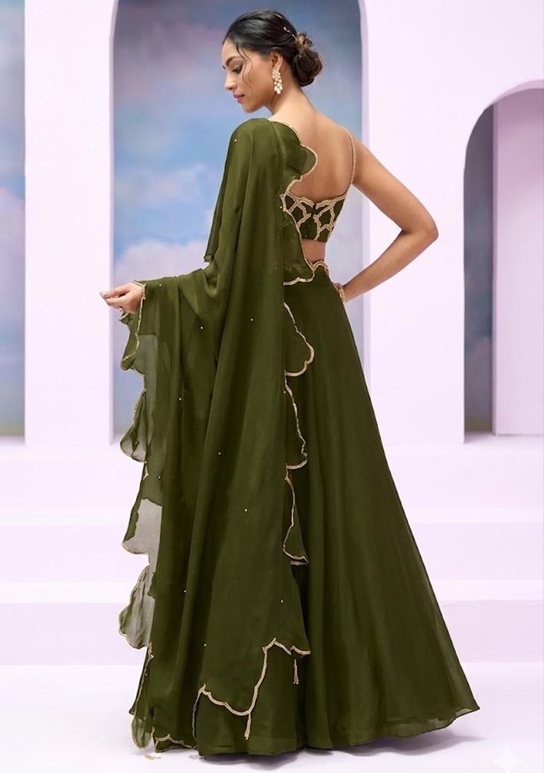 Olive Green Crepe Handwork Lehenga Set - Indya