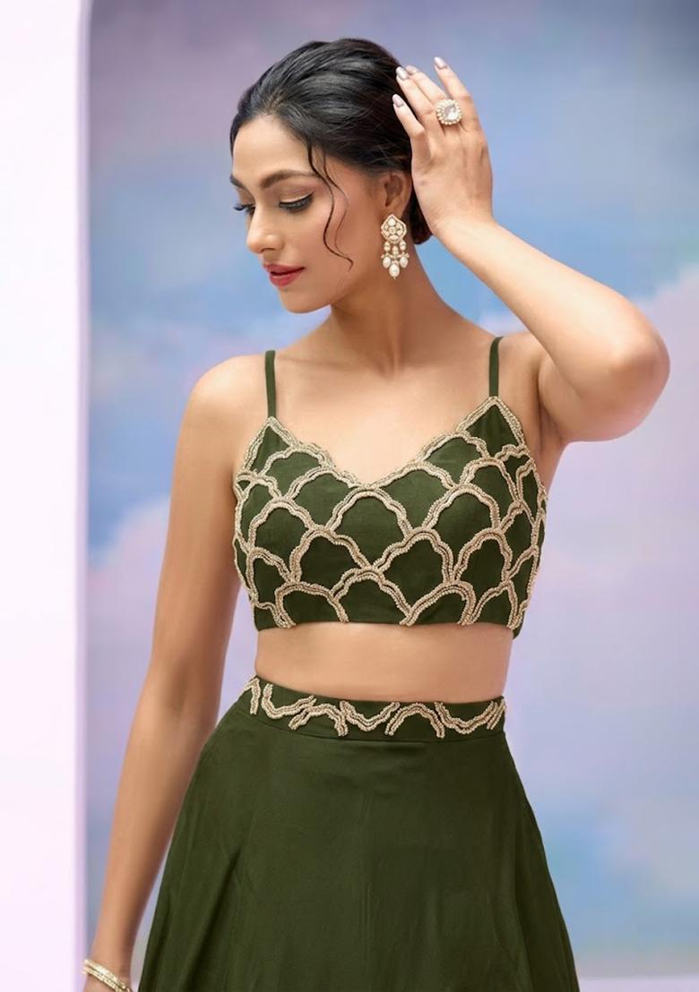 Olive Green Crepe Handwork Lehenga Set - Indya