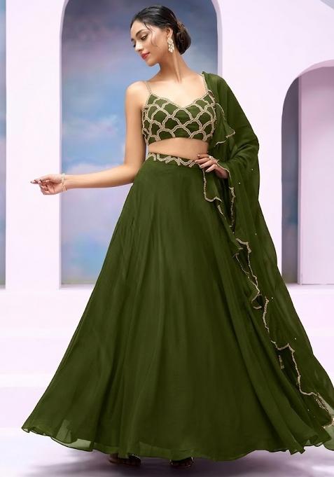 Olive Green Crepe Handwork Lehenga Set
