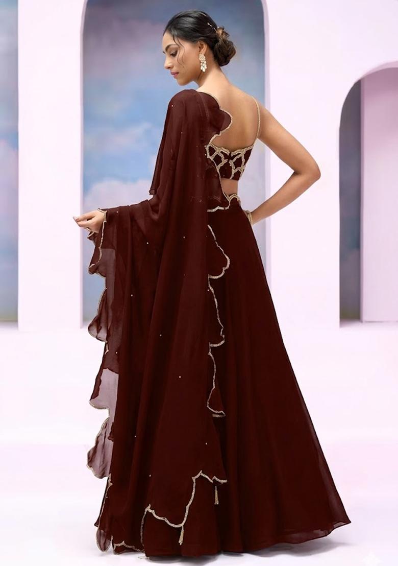 Deep Maroon Crepe Handwork Lehenga Set - Indya