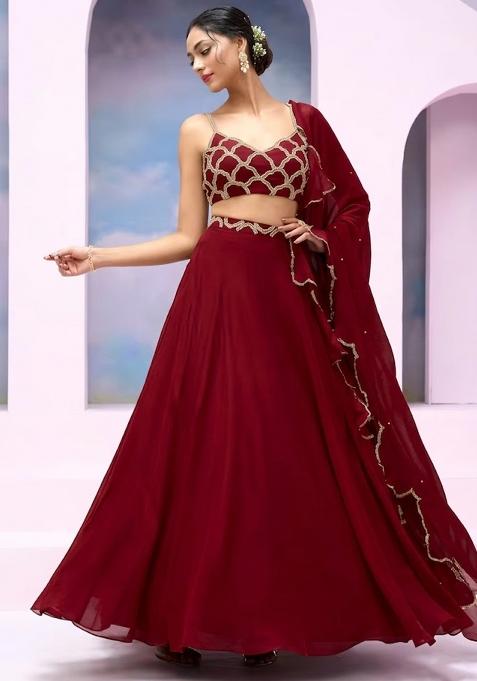 Deep Red Crepe Handwork Lehenga Set