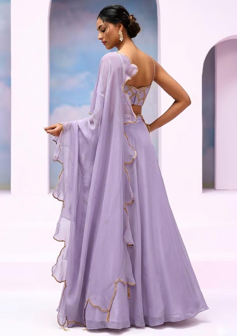 Light Lavender Crepe Handwork Lehenga Set - Indya
