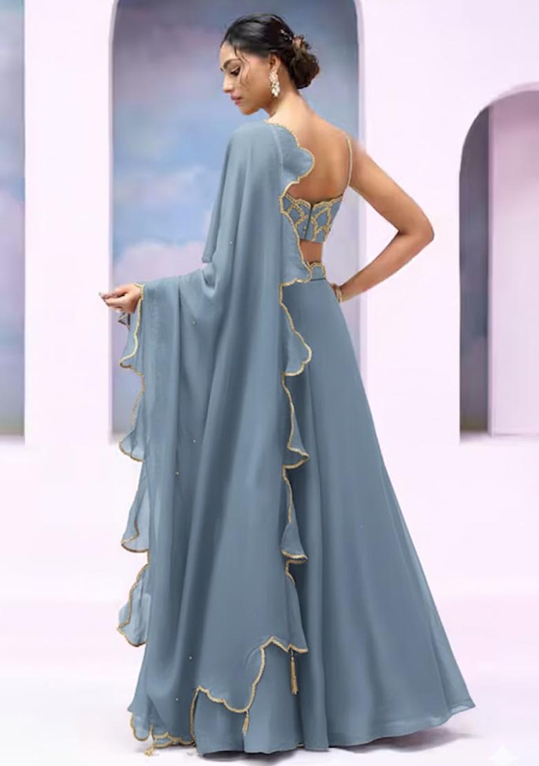 Powder Blue Crepe Handwork Lehenga Set - Indya