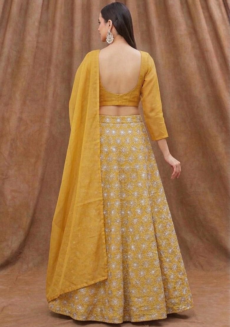 Mustard Sequin Silk Lehenga Set - Indya