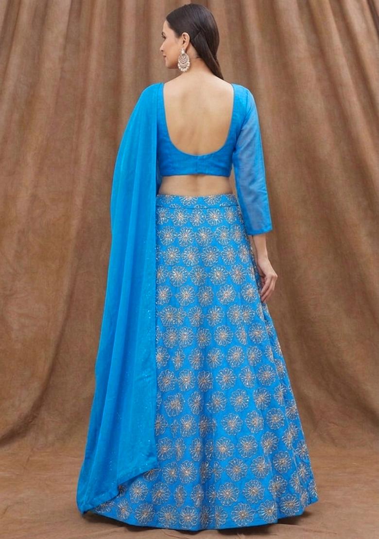 Blue Sequin Silk Lehenga Set - Indya