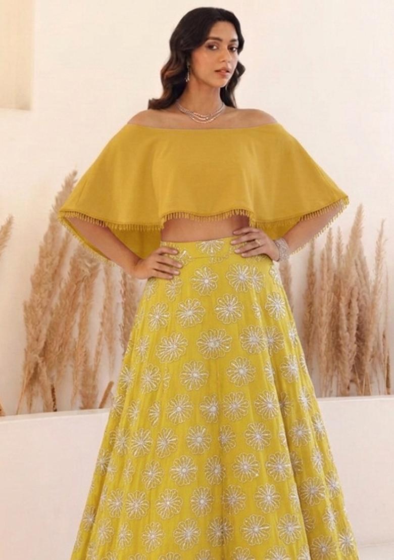 Mustard Sequin Silk Lehenga Set - Indya