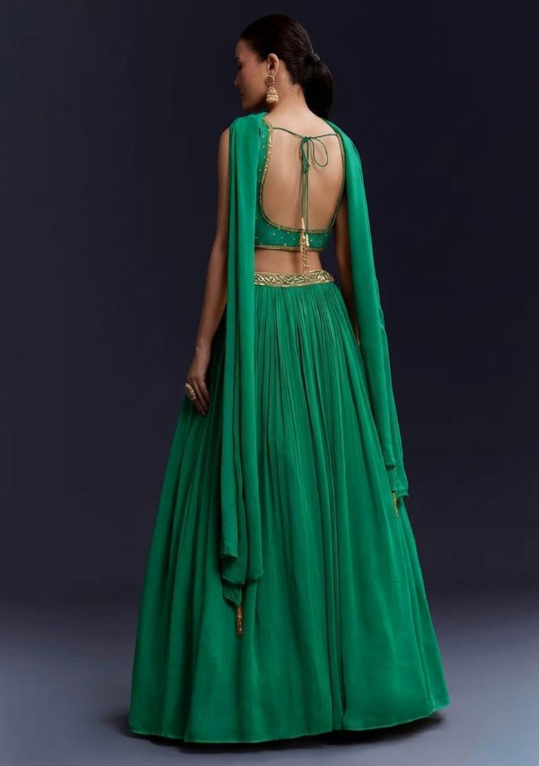 Emerald&nbsp;Green Georgette Handwork Lehenga Set - Indya