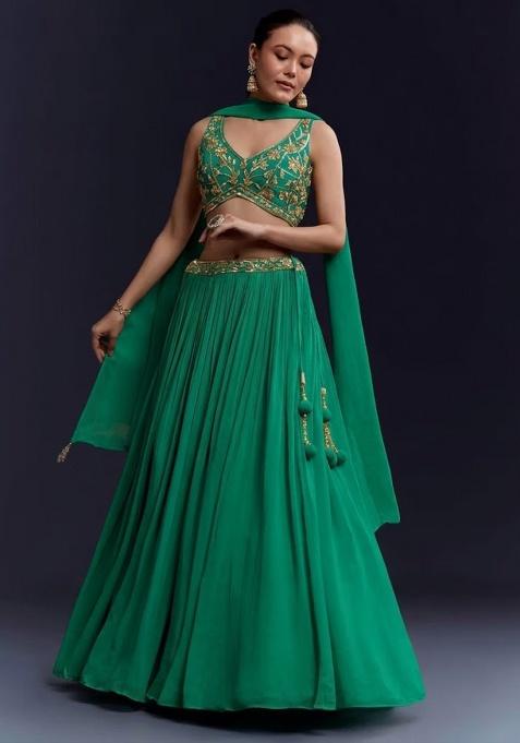 Emerald&nbsp;Green Georgette Handwork Lehenga Set