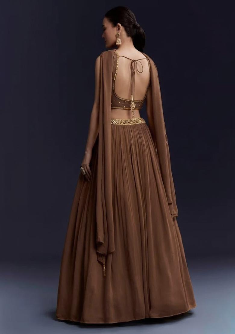 Brown Georgette Handwork Lehenga Set - Indya