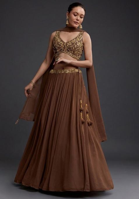 Brown Georgette Handwork Lehenga Set