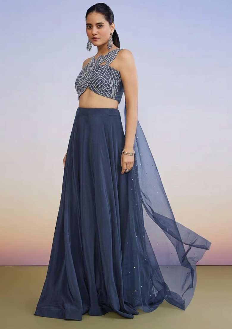 Midnight Blue Crepe Handwork Lehenga Set - Indya