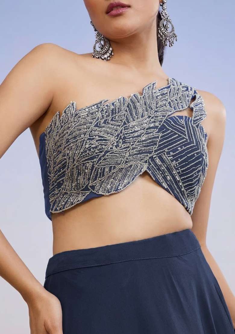 Midnight Blue Crepe Handwork Lehenga Set - Indya