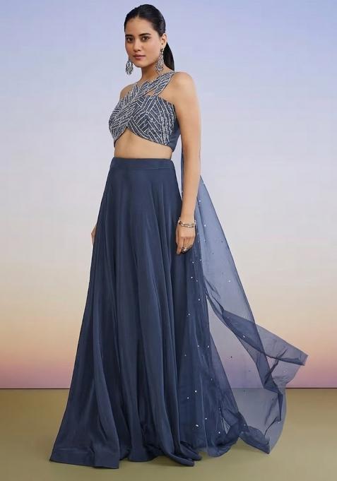 Midnight Blue Crepe Handwork Lehenga Set