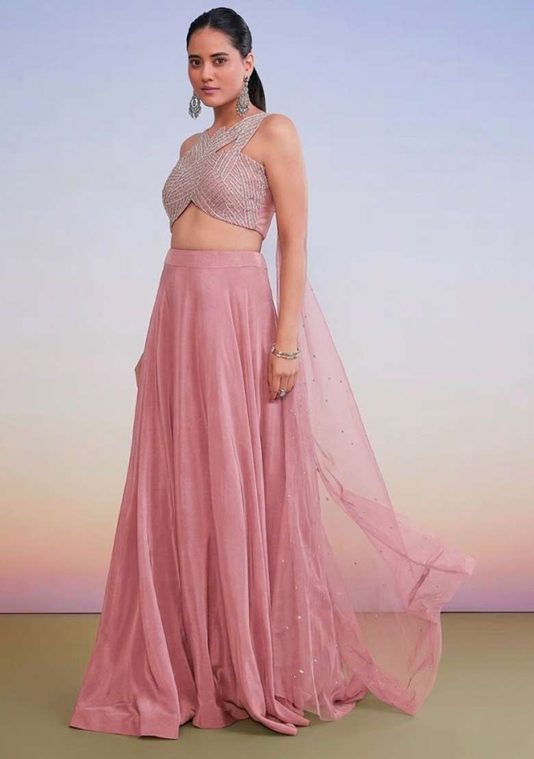 Pastel Pink Crepe Handwork Lehenga Set - Indya