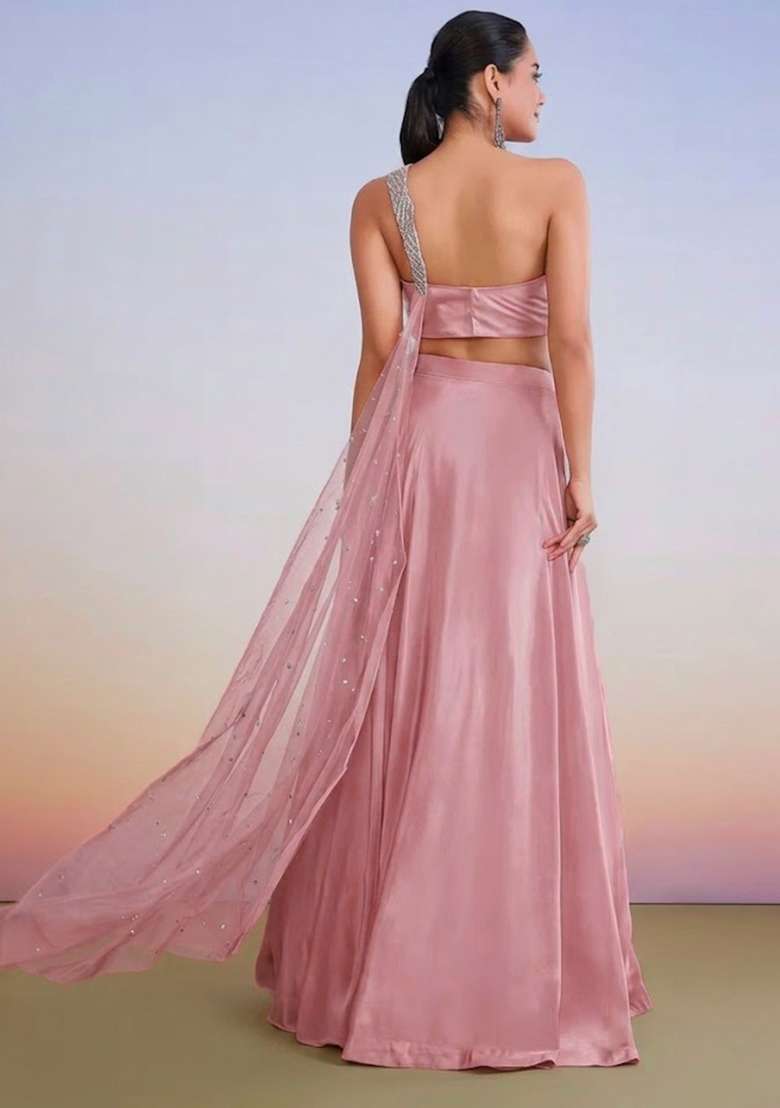 Pastel Pink Crepe Handwork Lehenga Set - Indya