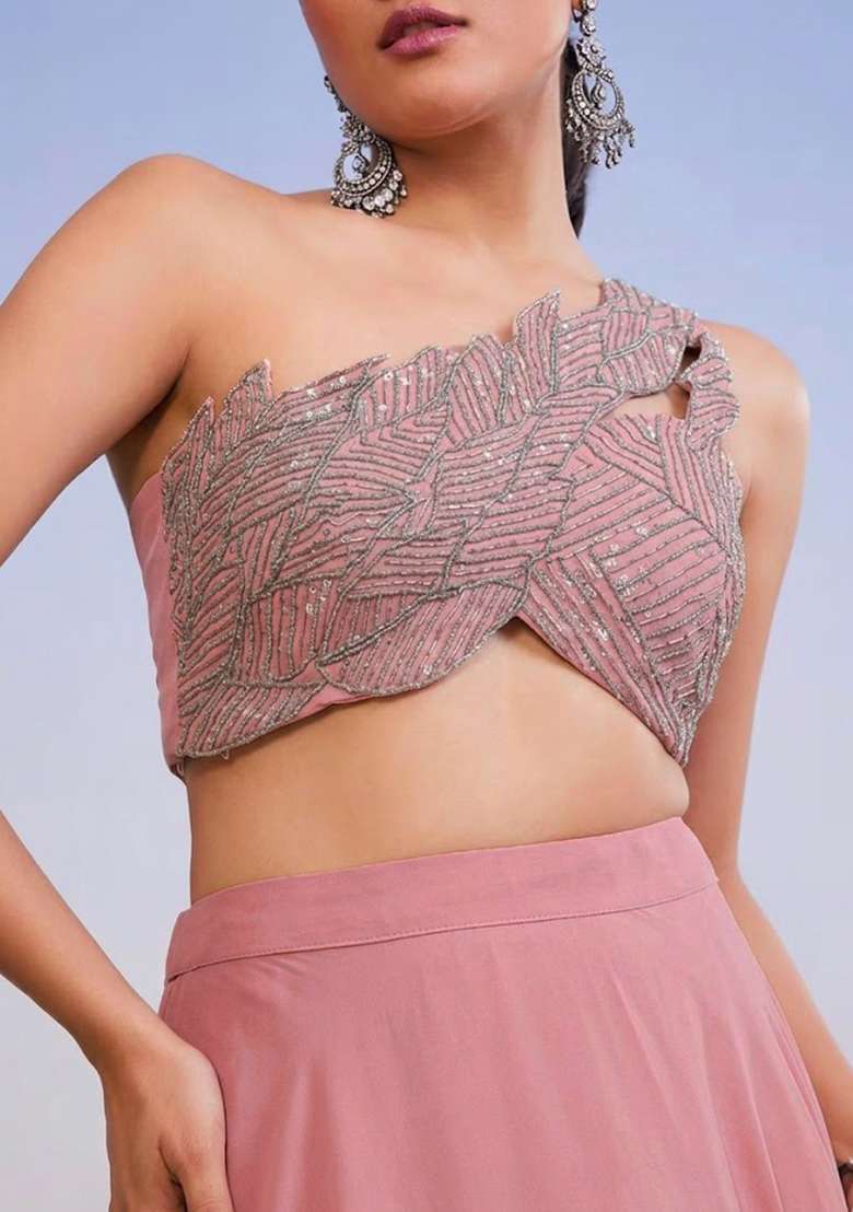 Pastel Pink Crepe Handwork Lehenga Set - Indya