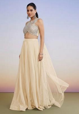 Cream Yellow Crepe Handwork Lehenga Set