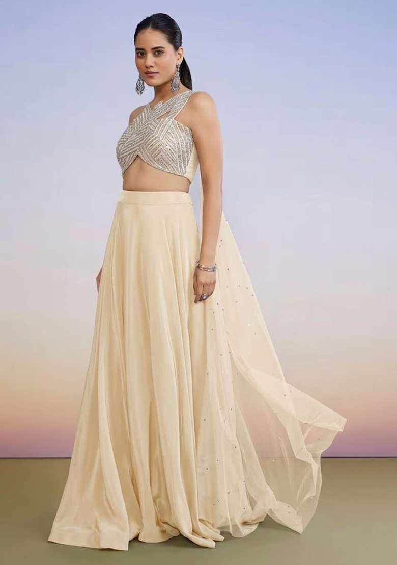 Cream Yellow Crepe Handwork Lehenga Set - Indya
