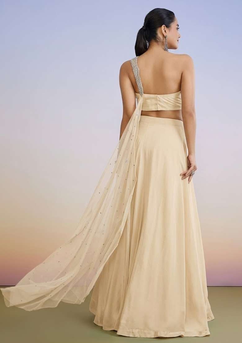 Cream Yellow Crepe Handwork Lehenga Set - Indya