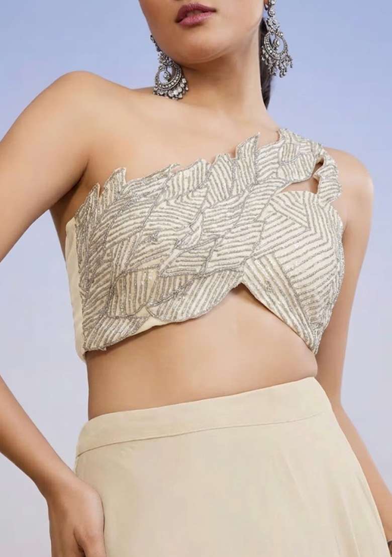Cream Yellow Crepe Handwork Lehenga Set - Indya