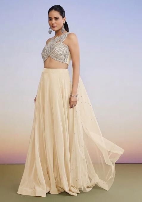 Cream Yellow Crepe Handwork Lehenga Set