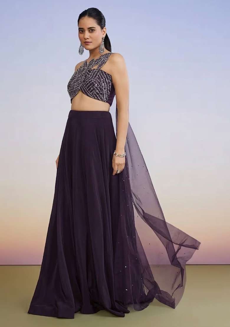 Purple Crepe Handwork Lehenga Set - Indya