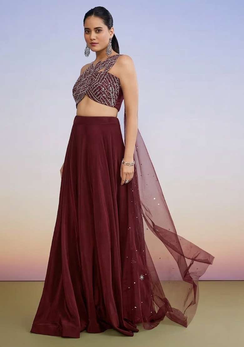 Maroon Crepe Handwork Lehenga Set - Indya