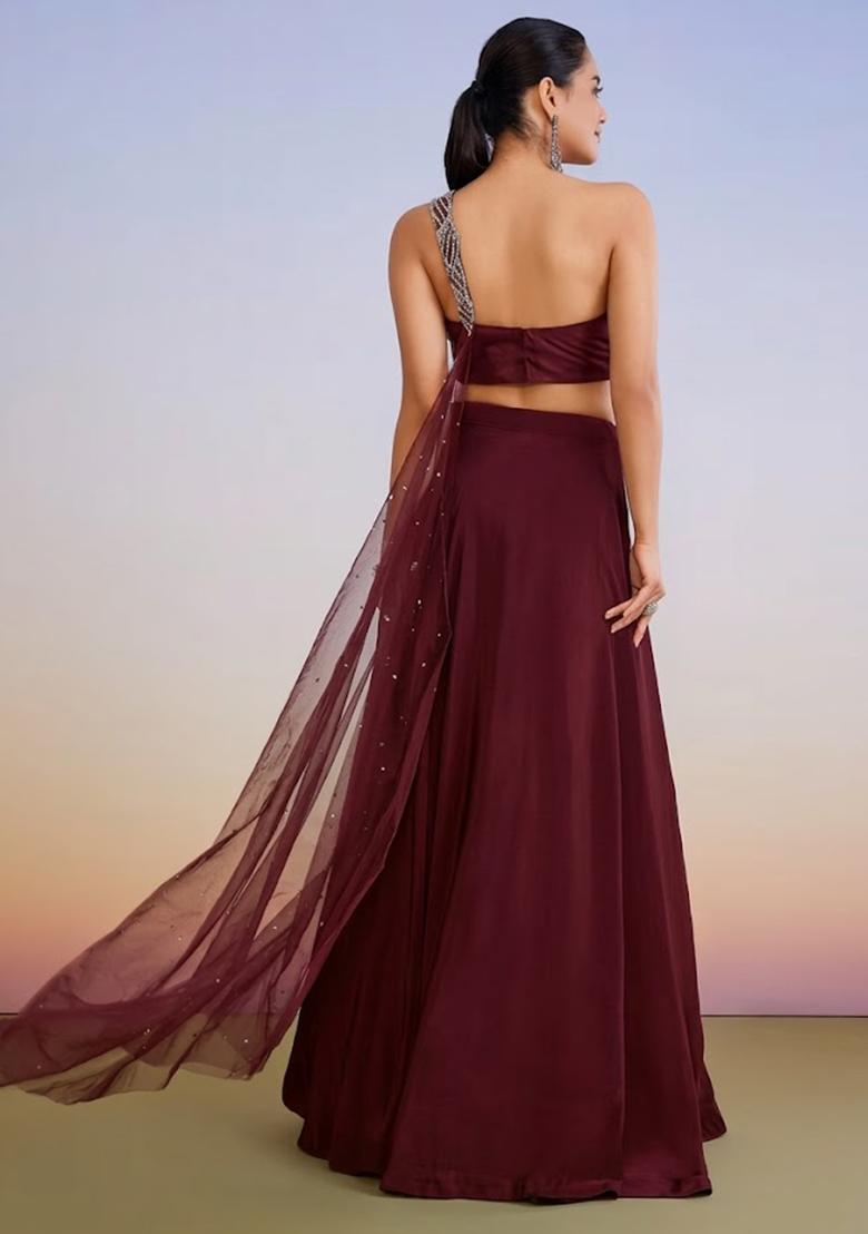 Maroon Crepe Handwork Lehenga Set - Indya