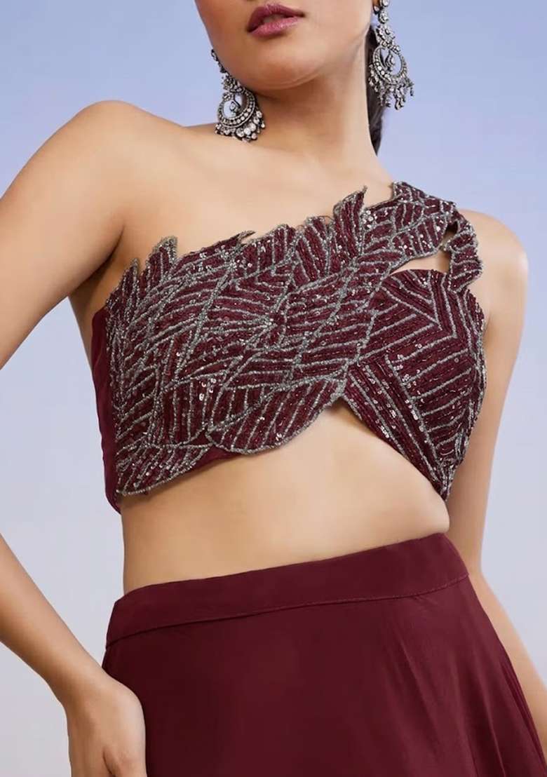 Maroon Crepe Handwork Lehenga Set - Indya