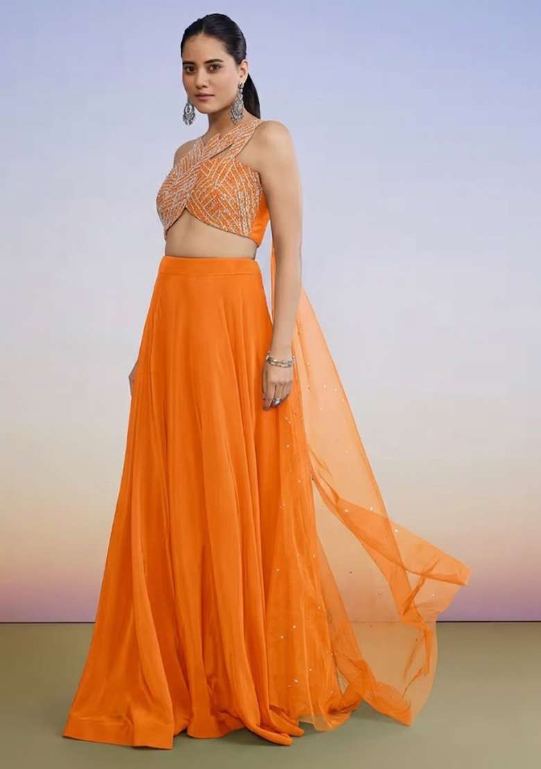 Orange Crepe Handwork Lehenga Set - Indya
