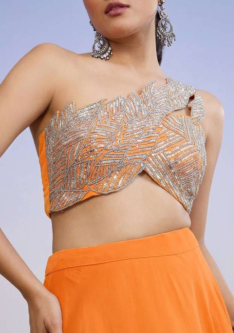 Orange Crepe Handwork Lehenga Set - Indya
