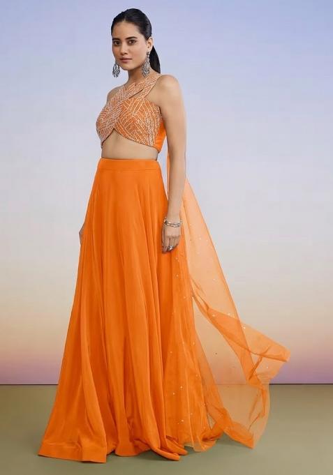 Orange Crepe Handwork Lehenga Set