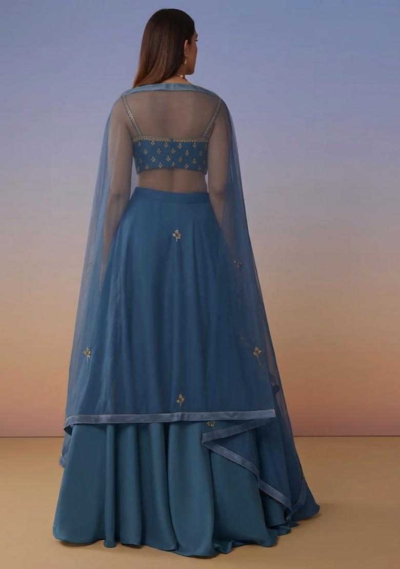 Slate Blue Crepe Handwork Lehenga Set - Indya