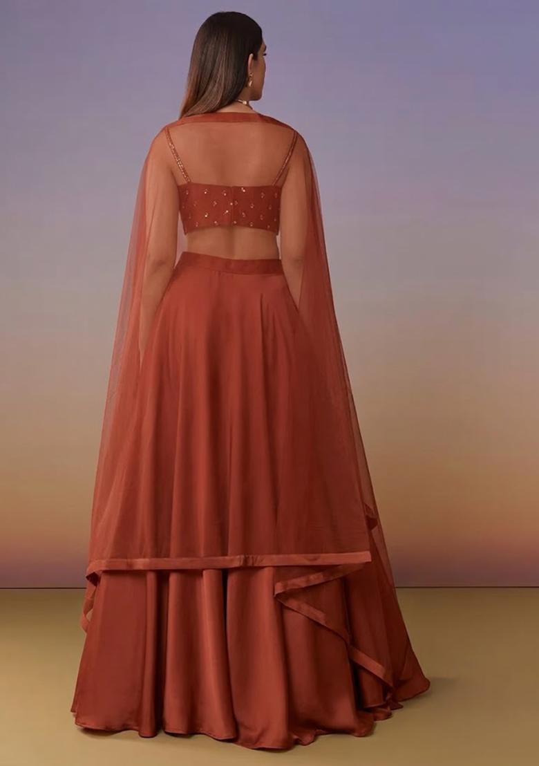 Burnt Orange Crepe Handwork Lehenga Set - Indya