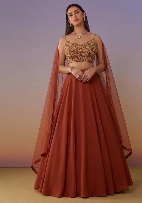 Burnt Orange Crepe Handwork Lehenga Set