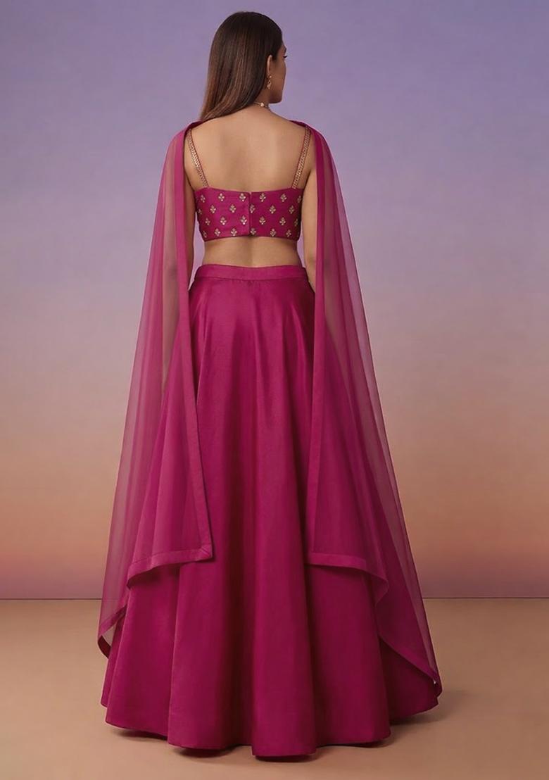 Hot Pink Crepe Handwork Lehenga Set - Indya