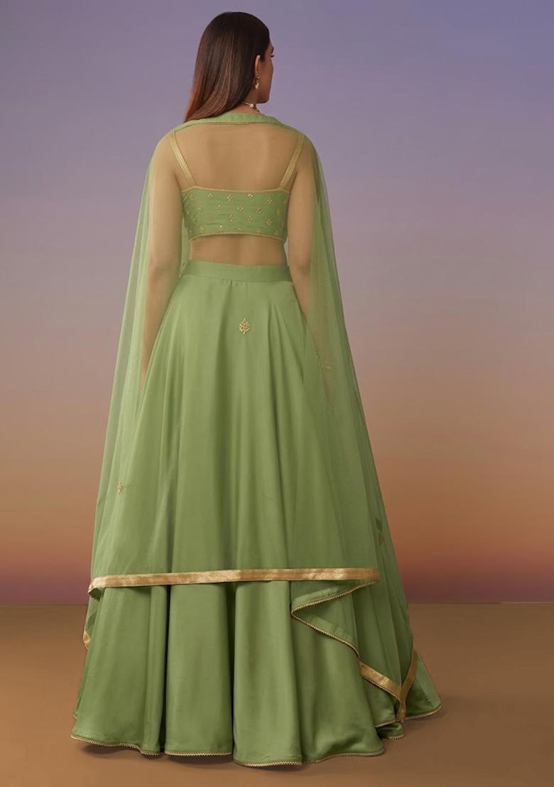 Pistachio Green Crepe Handwork Lehenga Set - Indya