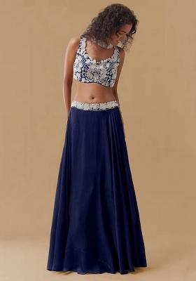Navy Blue Chinon Handwork Lehenga Set