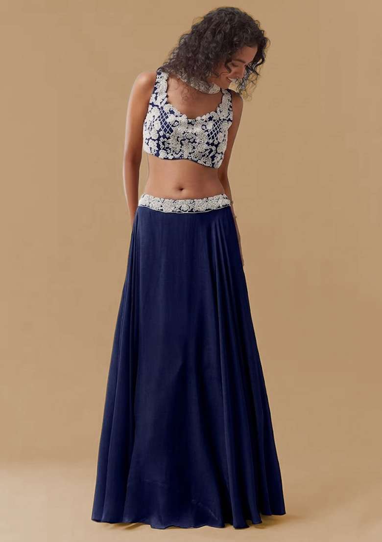 Navy Blue Chinon Handwork Lehenga Set - Indya