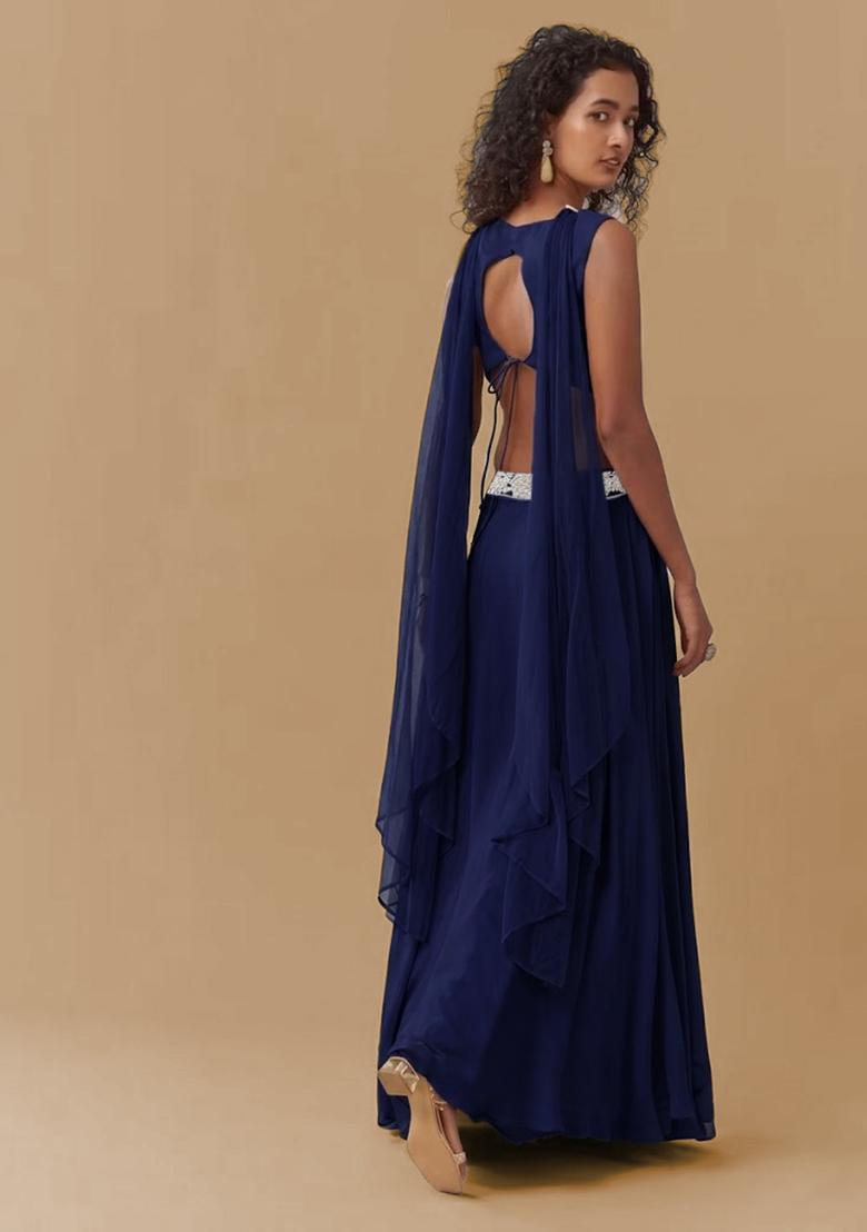 Navy Blue Chinon Handwork Lehenga Set - Indya