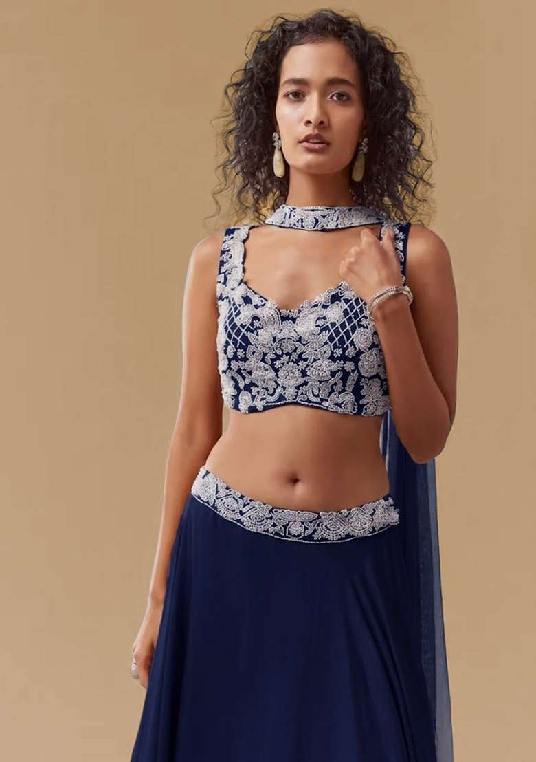 Navy Blue Chinon Handwork Lehenga Set - Indya