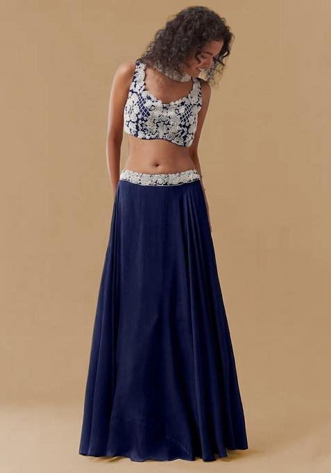 Navy Blue Chinon Handwork Lehenga Set