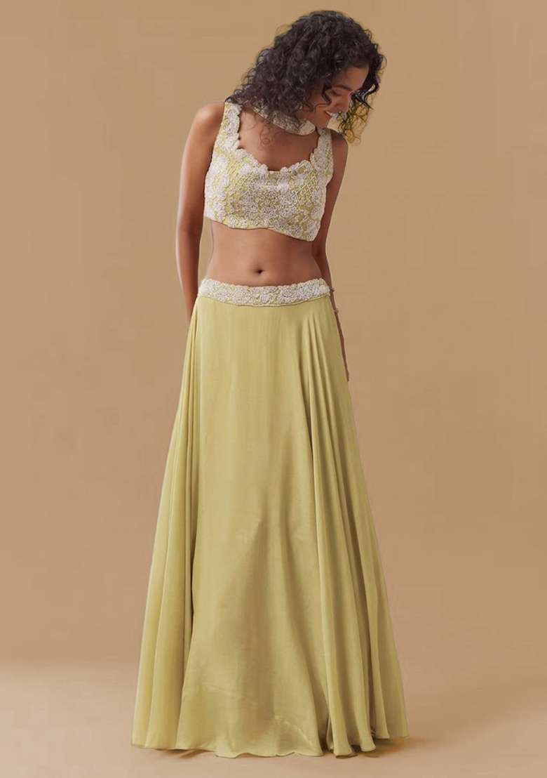 Pastel Yellow Chinon Handwork Lehenga Set - Indya