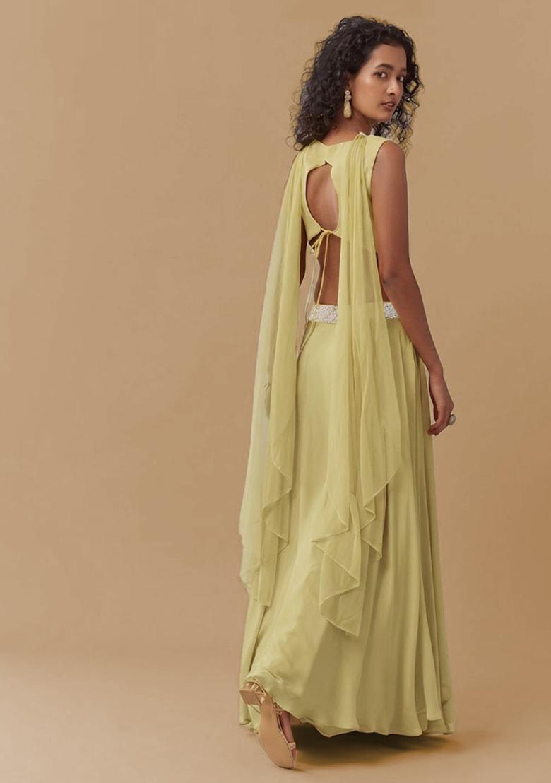 Pastel Yellow Chinon Handwork Lehenga Set - Indya