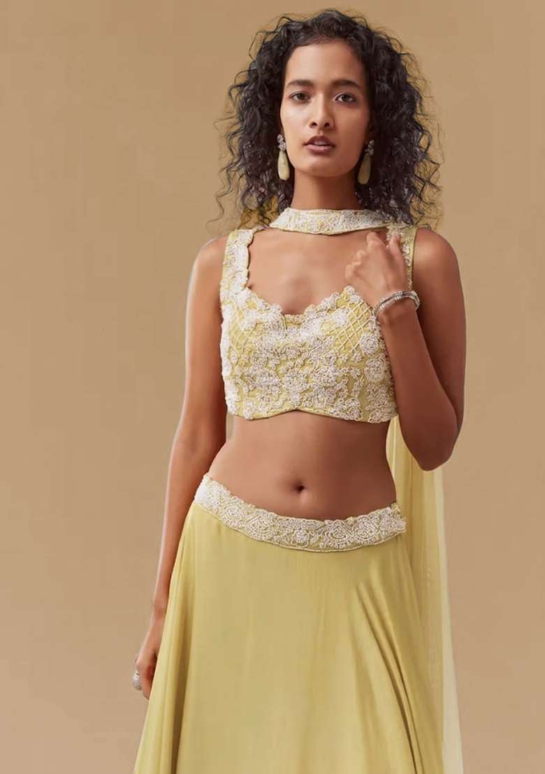 Pastel Yellow Chinon Handwork Lehenga Set - Indya